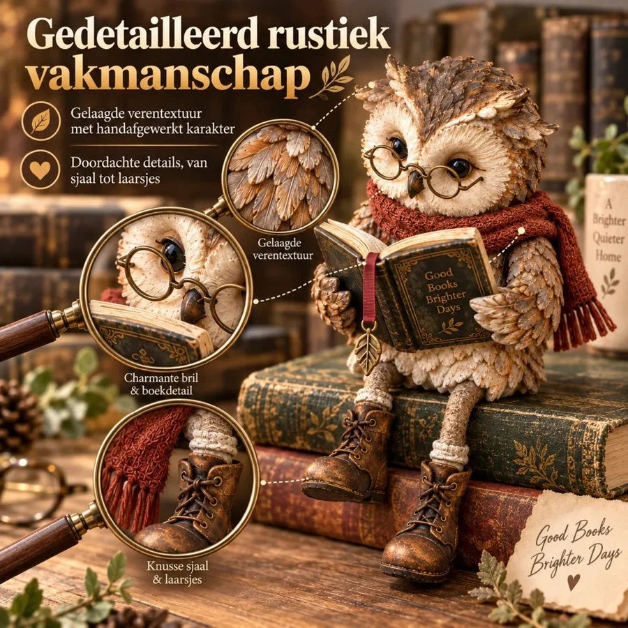 Owl Figurine Reading Design Glasses & Open Book Cozy Decor