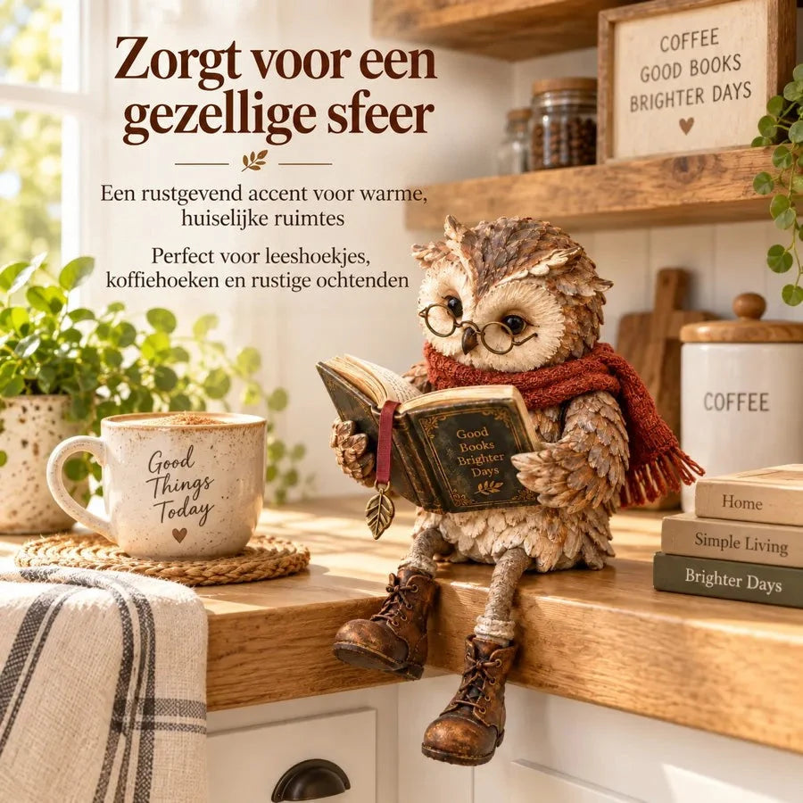 Owl Figurine Reading Design Glasses & Open Book Cozy Decor