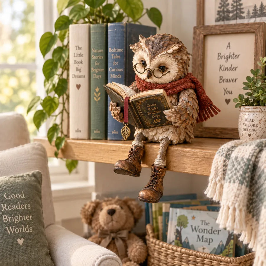 Owl Figurine Reading Design Glasses & Open Book Cozy Decor