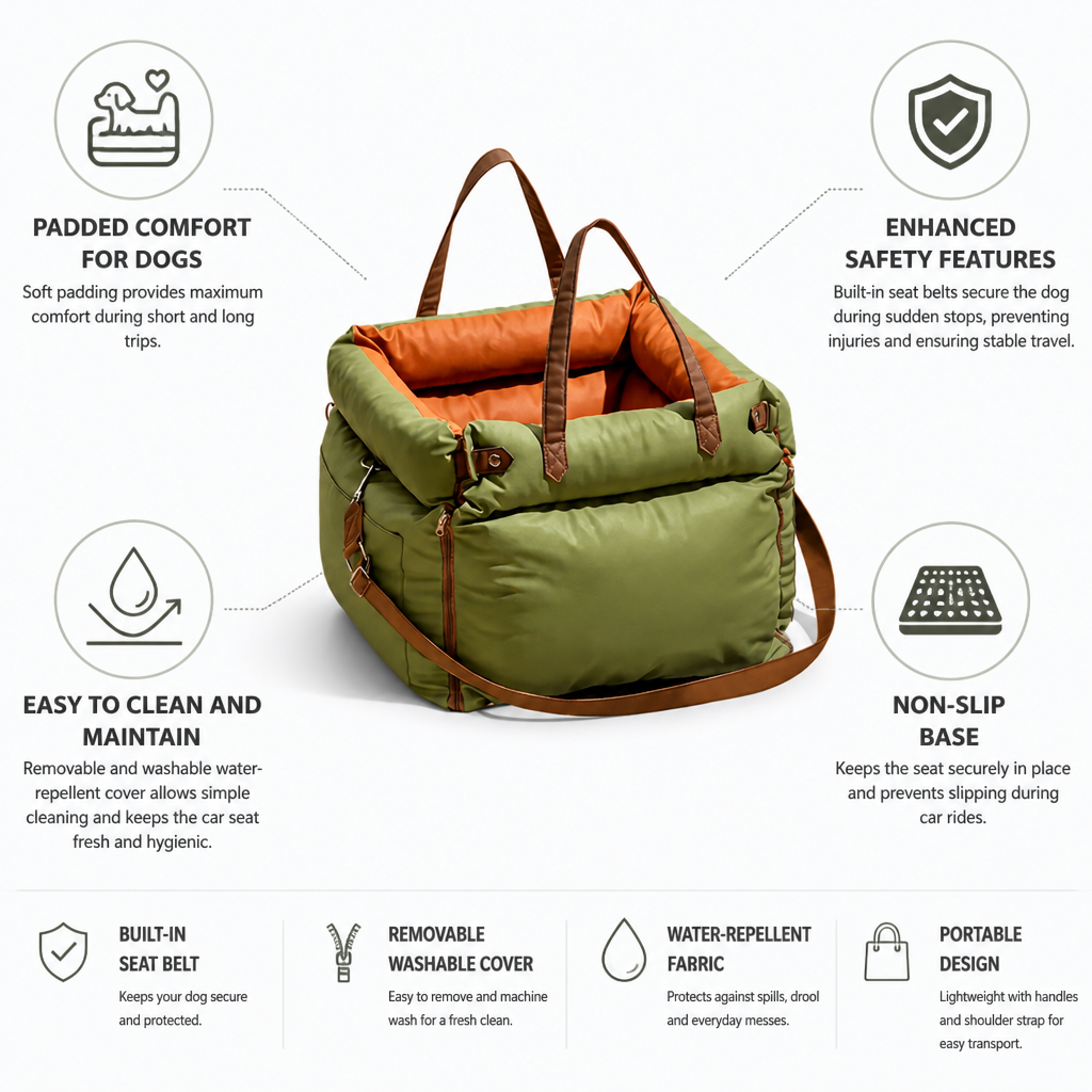 Padded Dog Car Seat (Built-In Seat Belt, Removable Washable Cover)