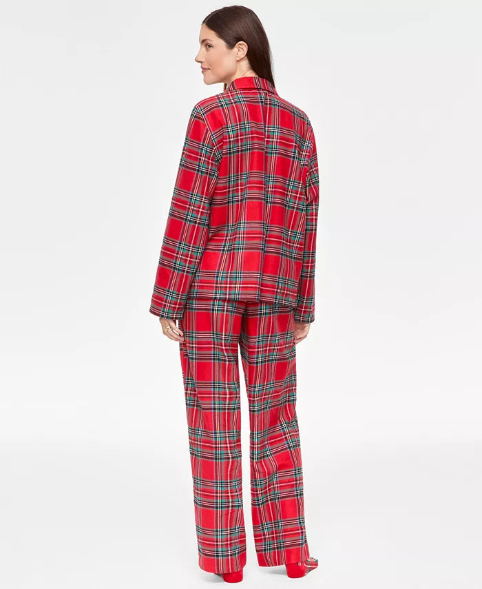 Pajama Set Flannel Cotton Plaid Drawstring Waist