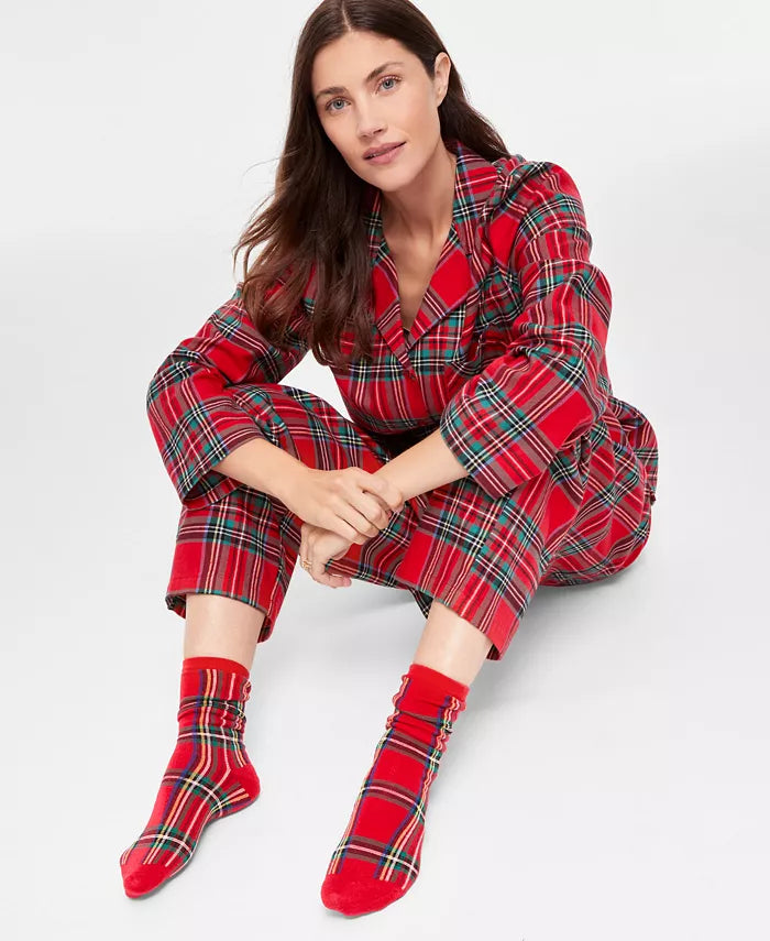 Pajama Set Flannel Cotton Plaid Drawstring Waist