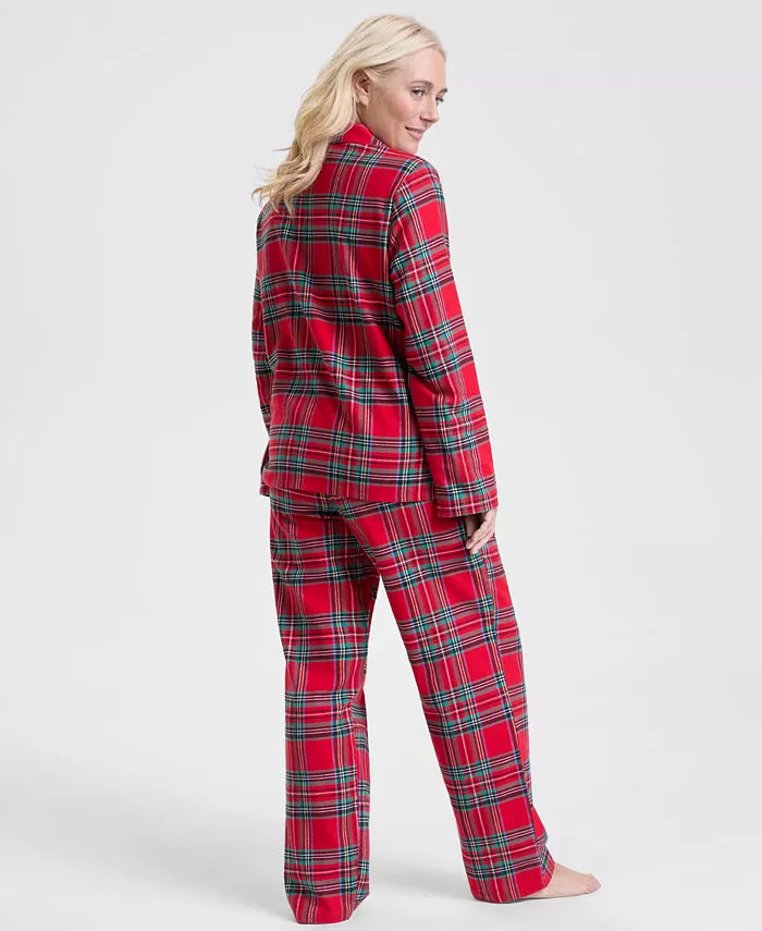 Pajama Set Flannel Cotton Plaid Drawstring Waist