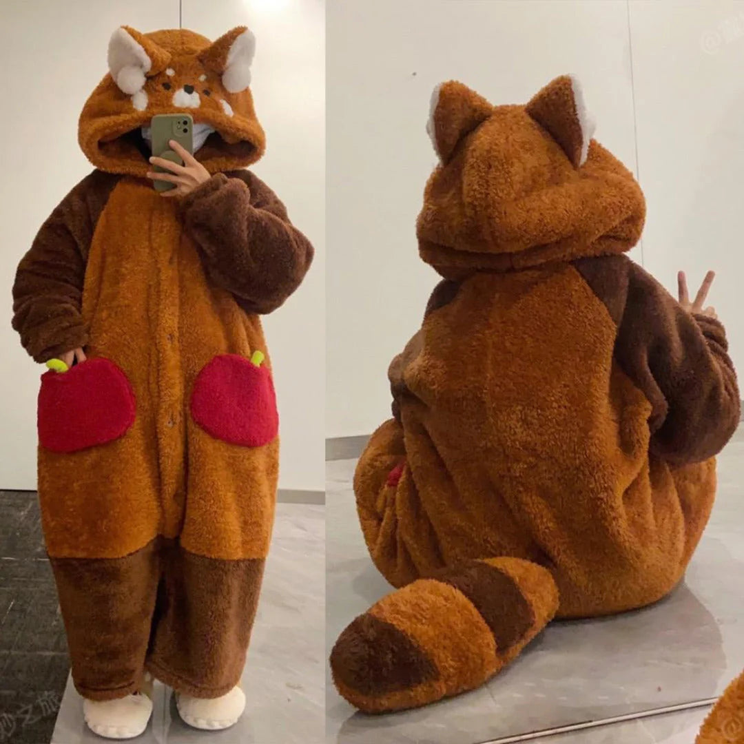 Pajama Set Hooded Red Panda Removable Tail