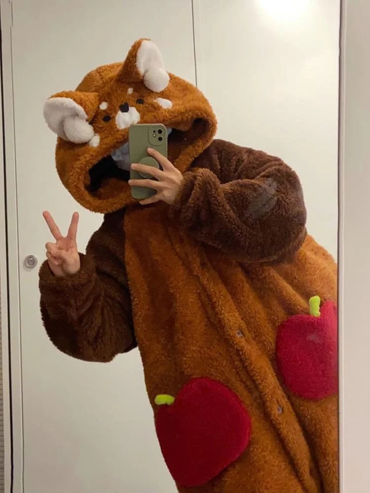 Pajama Set Hooded Red Panda Removable Tail