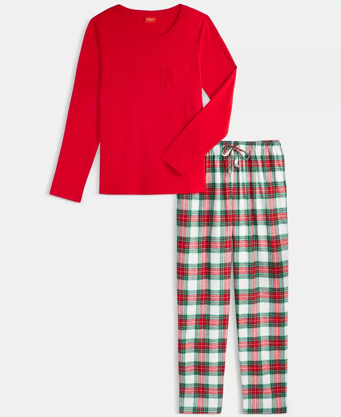 Pajama Set Plaid Flannel Drawstring & Pockets