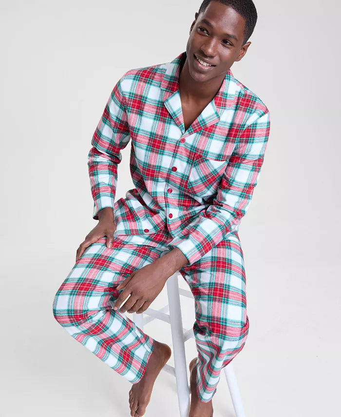 Pajama Set Plaid Woven Cotton Button-Front & Drawstring Waist