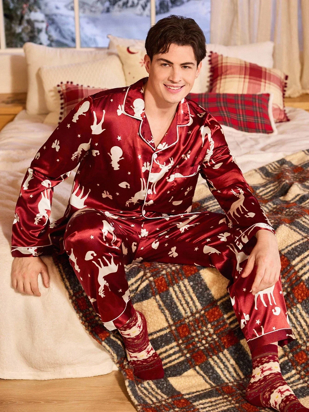 Pajama Set Satin Button-Front Loose Fit