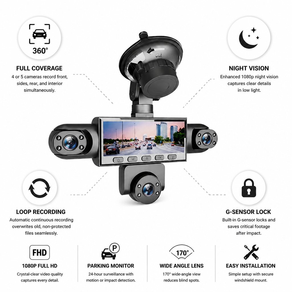 Panoramic Full HD Night Vision Dash Camera (4/5-Camera System)