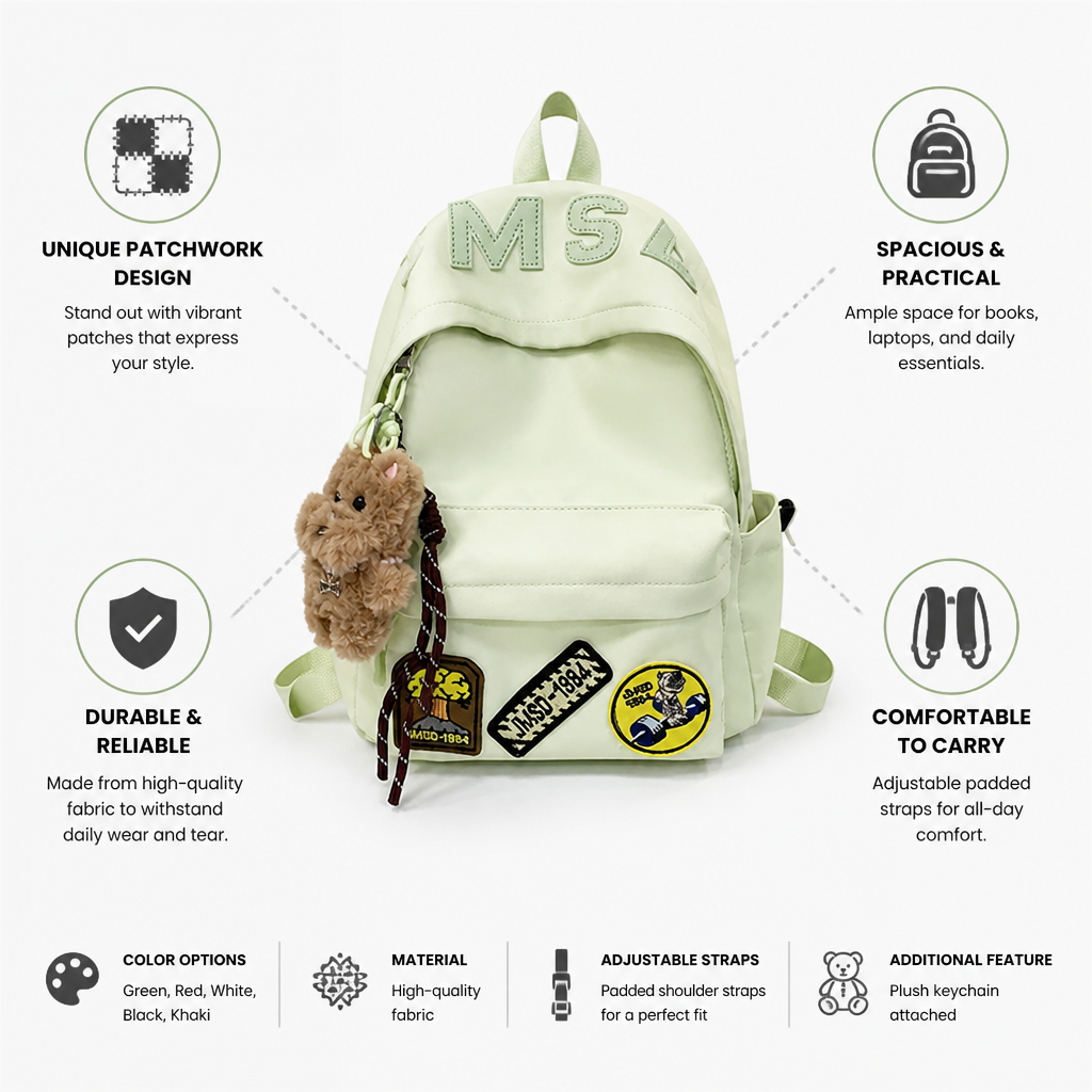 Patchwork Spacious Kids School Backpack (Adjustable Padded Straps)