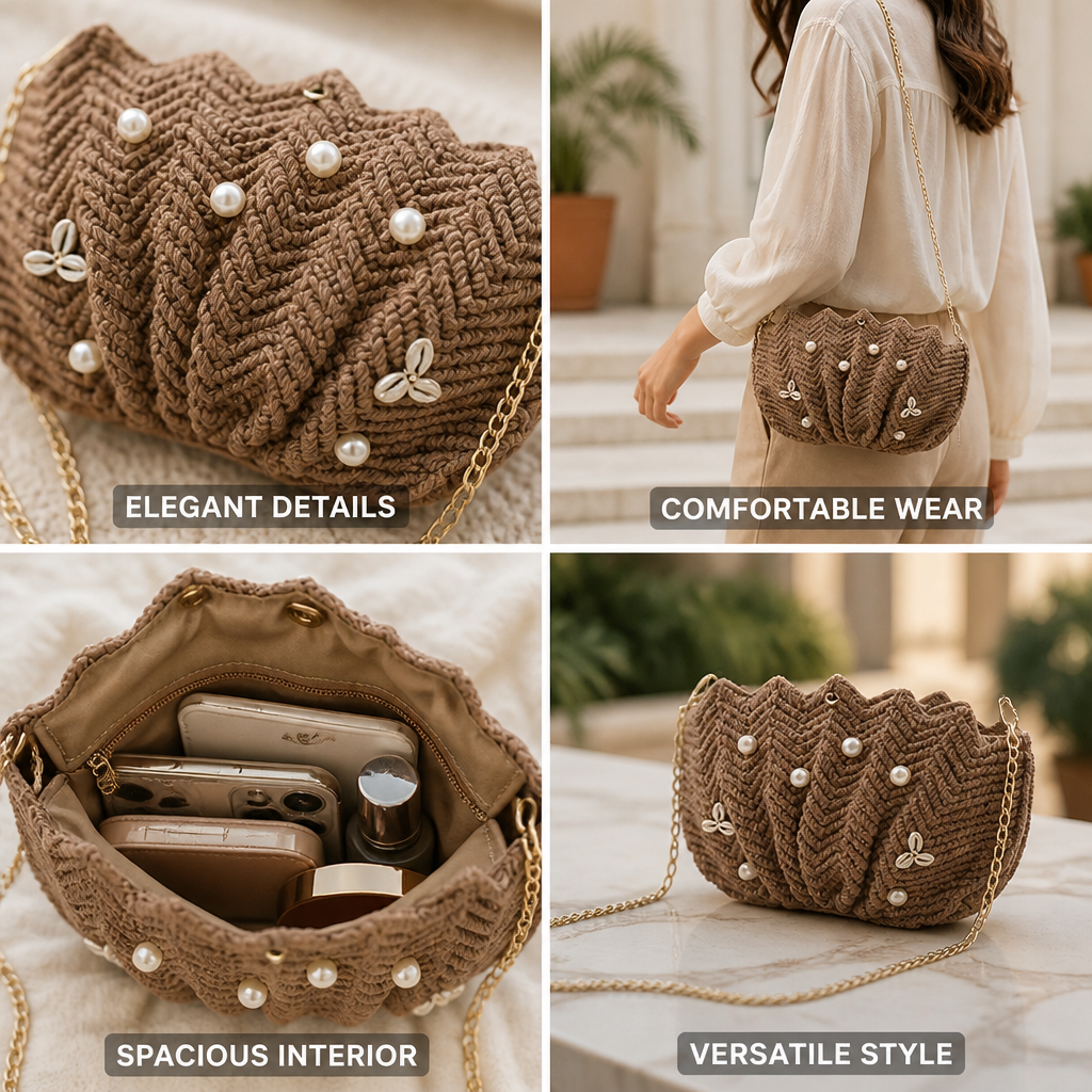 Pearl-Embellished Wave-Pattern Chain Strap Shoulder Bag