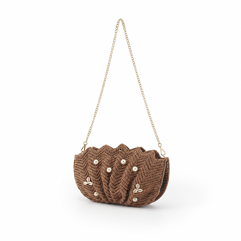 Pearl-Embellished Wave-Pattern Chain Strap Shoulder Bag