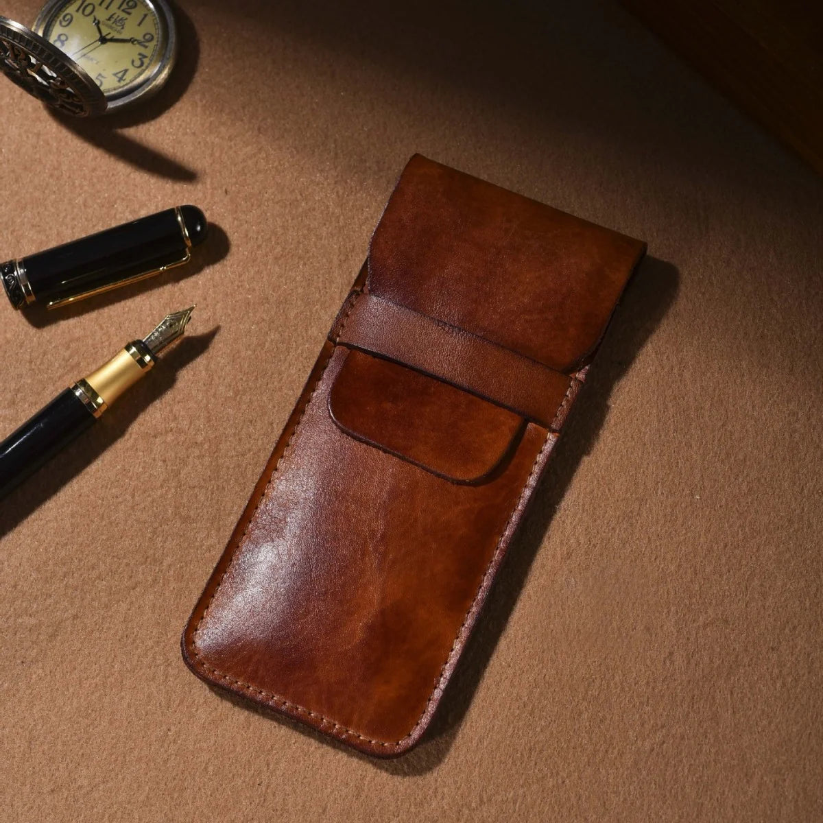 Pen Case Genuine Leather Snap-Button Closure Holds Multiple Pens