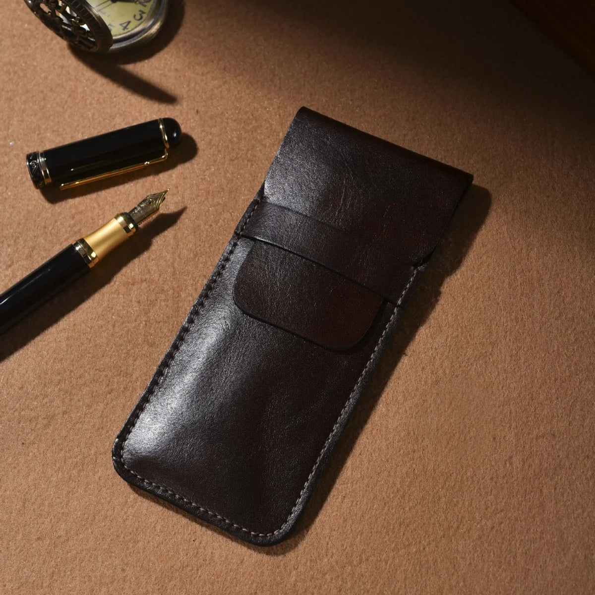 Pen Case Genuine Leather Snap-Button Closure Holds Multiple Pens