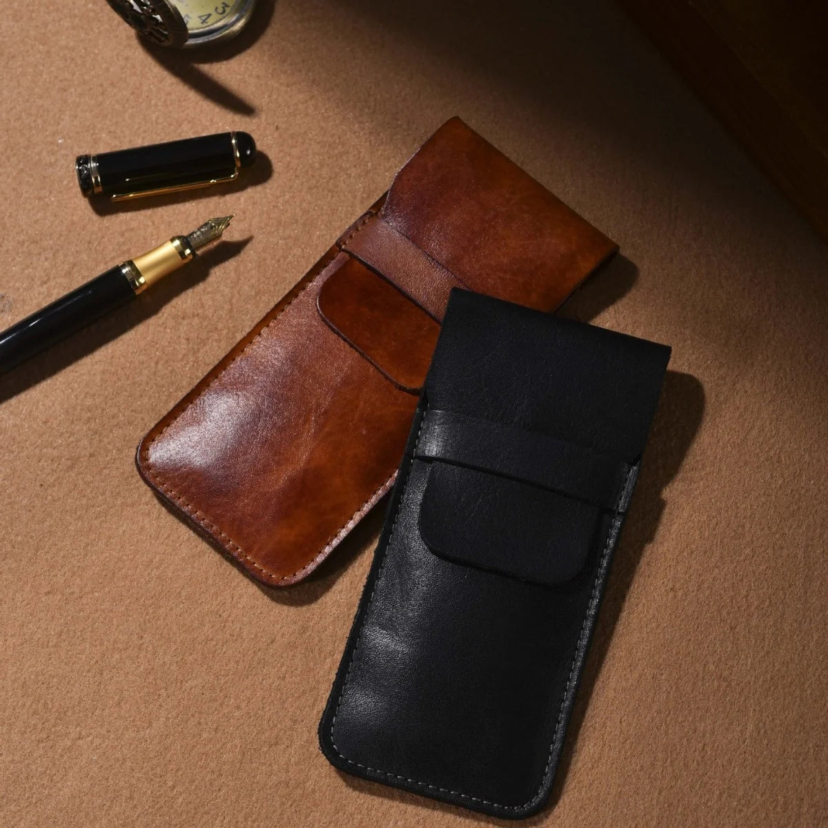Pen Case Genuine Leather Snap-Button Closure Holds Multiple Pens