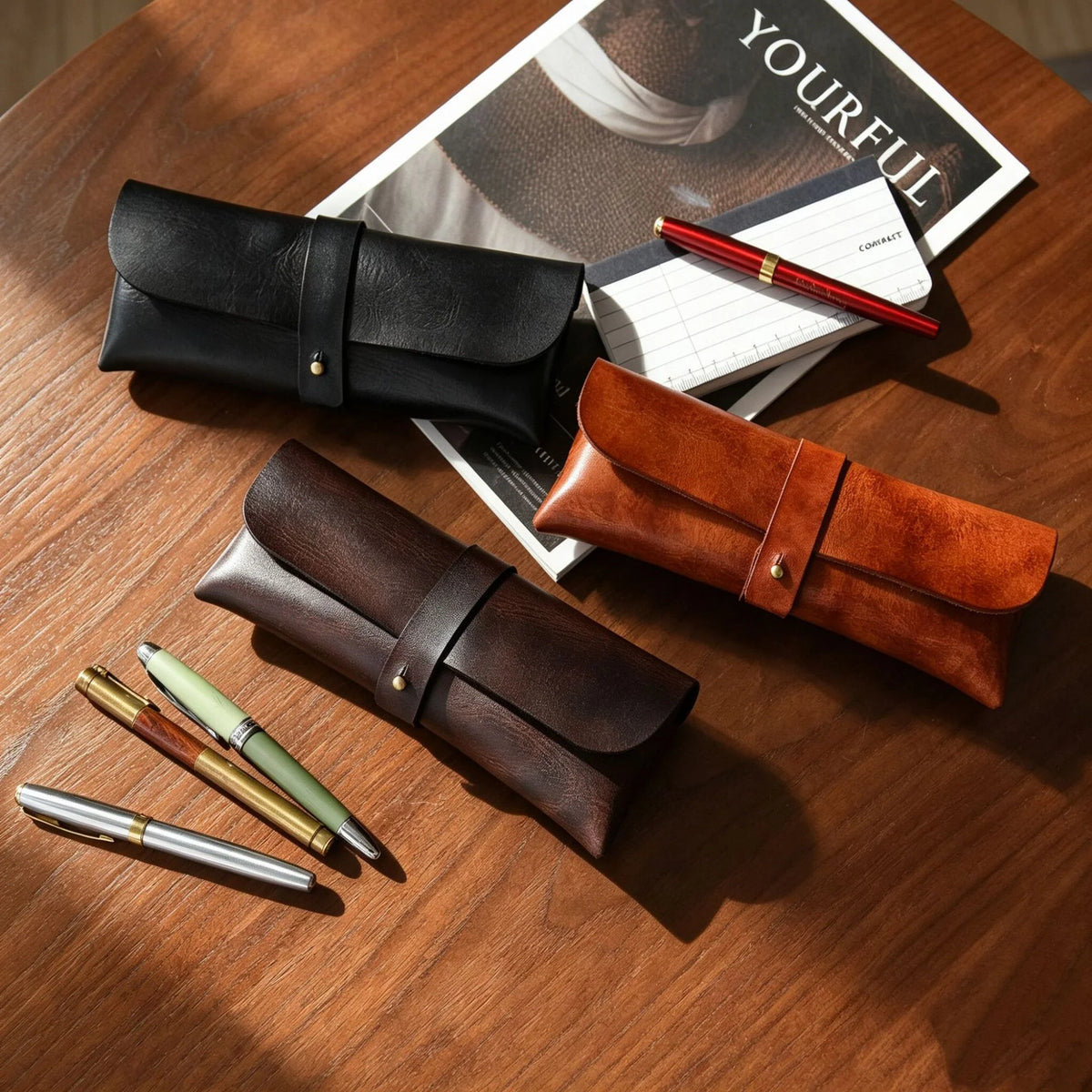 Pen Case Genuine Leather Strap Closure Compact Organizer