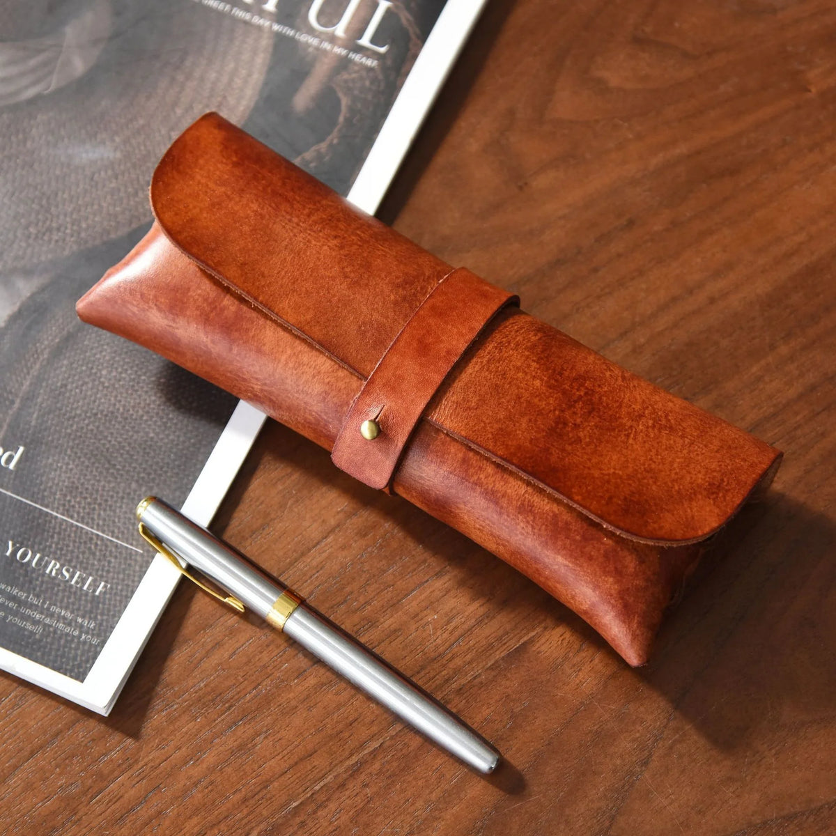 Pen Case Genuine Leather Strap Closure Compact Organizer