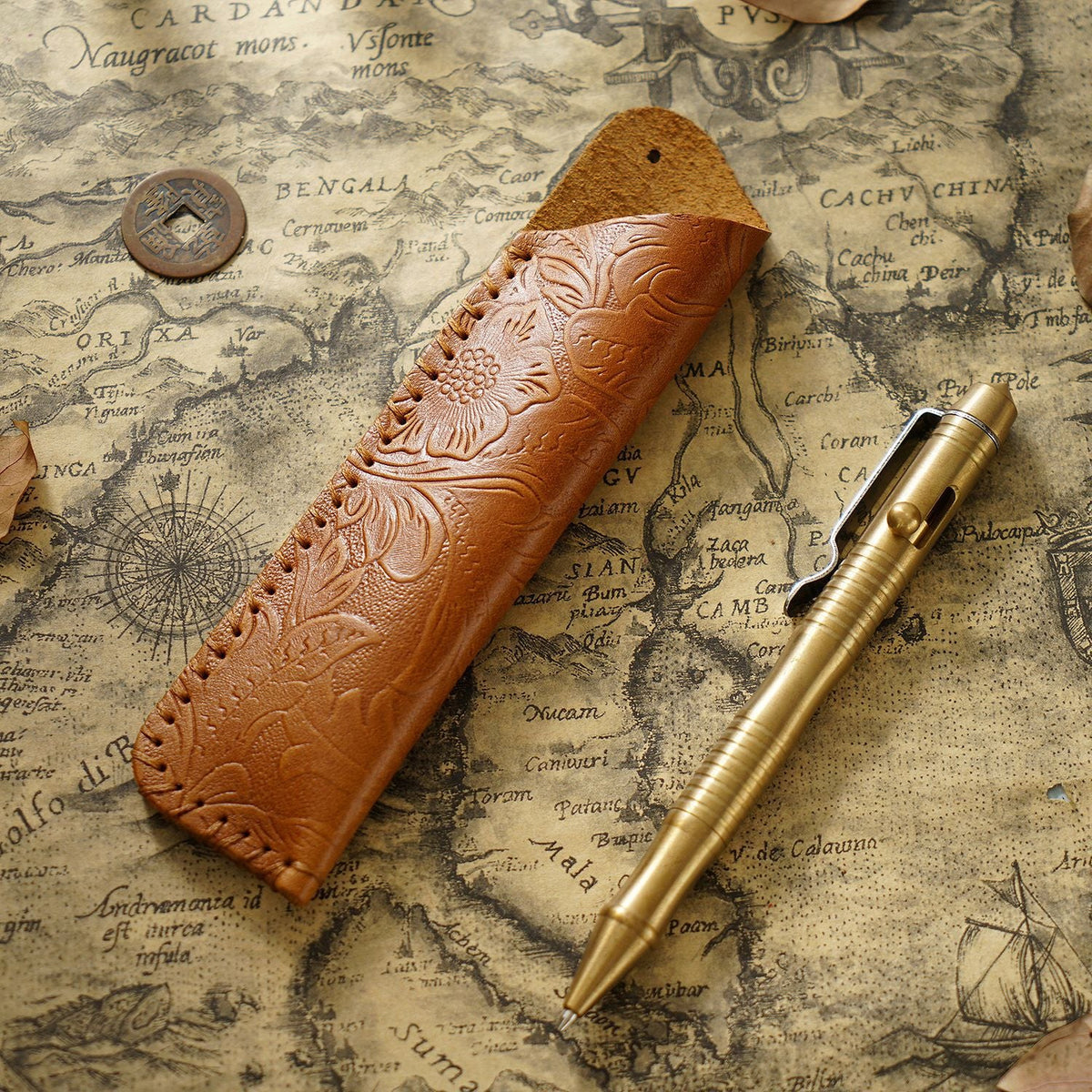Pen Case Leather Floral Embossed Handmade Spacious Storage