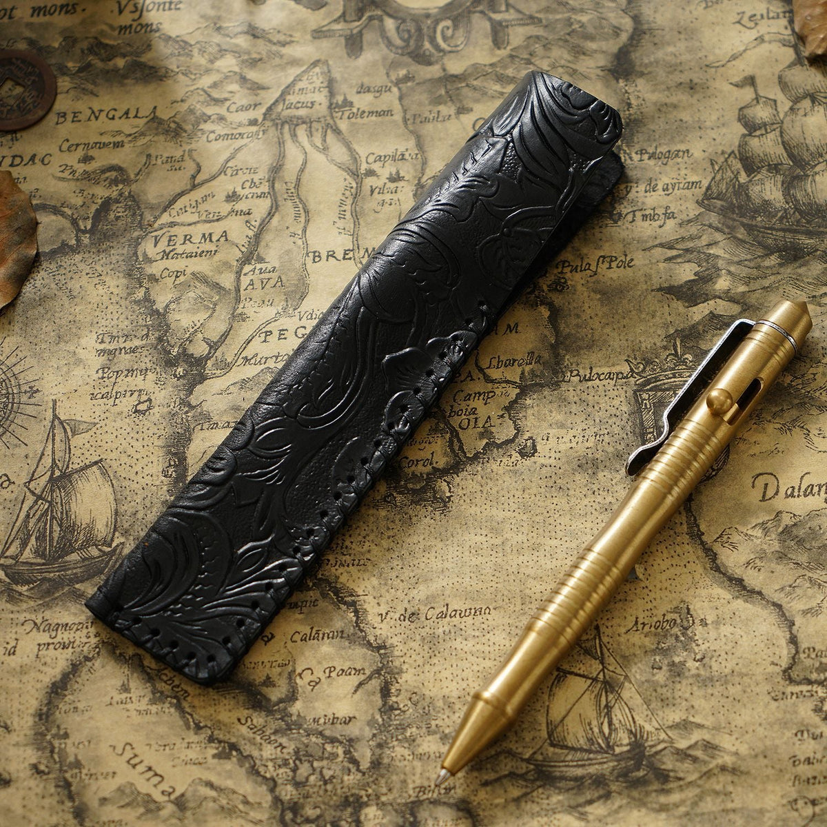 Pen Case Leather Floral Embossed Handmade Spacious Storage