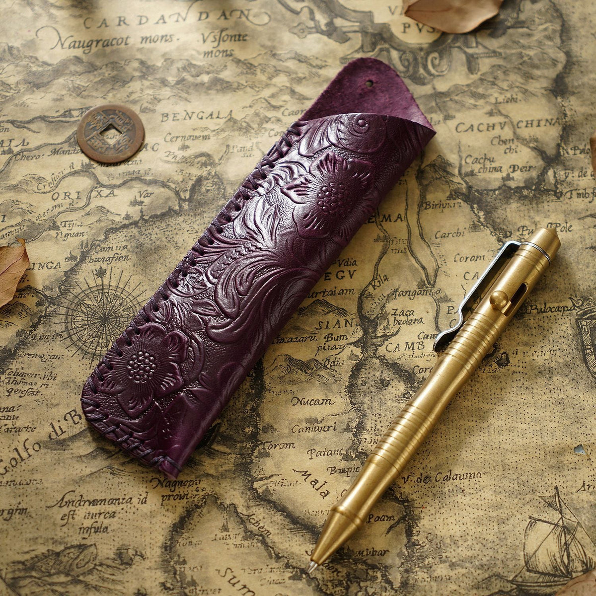 Pen Case Leather Floral Embossed Handmade Spacious Storage