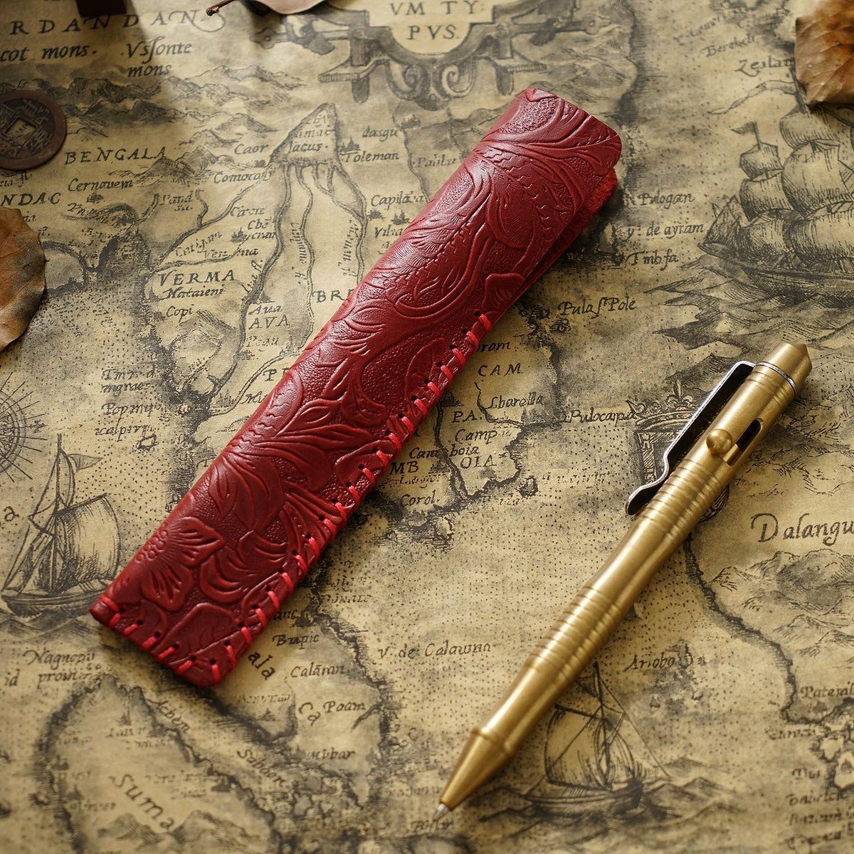 Pen Case Leather Floral Embossed Handmade Spacious Storage