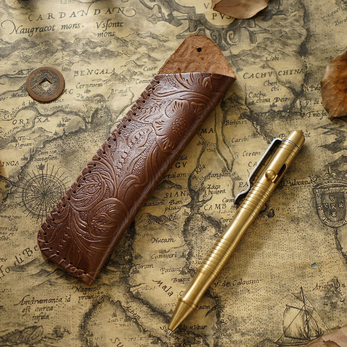 Pen Case Leather Floral Embossed Handmade Spacious Storage