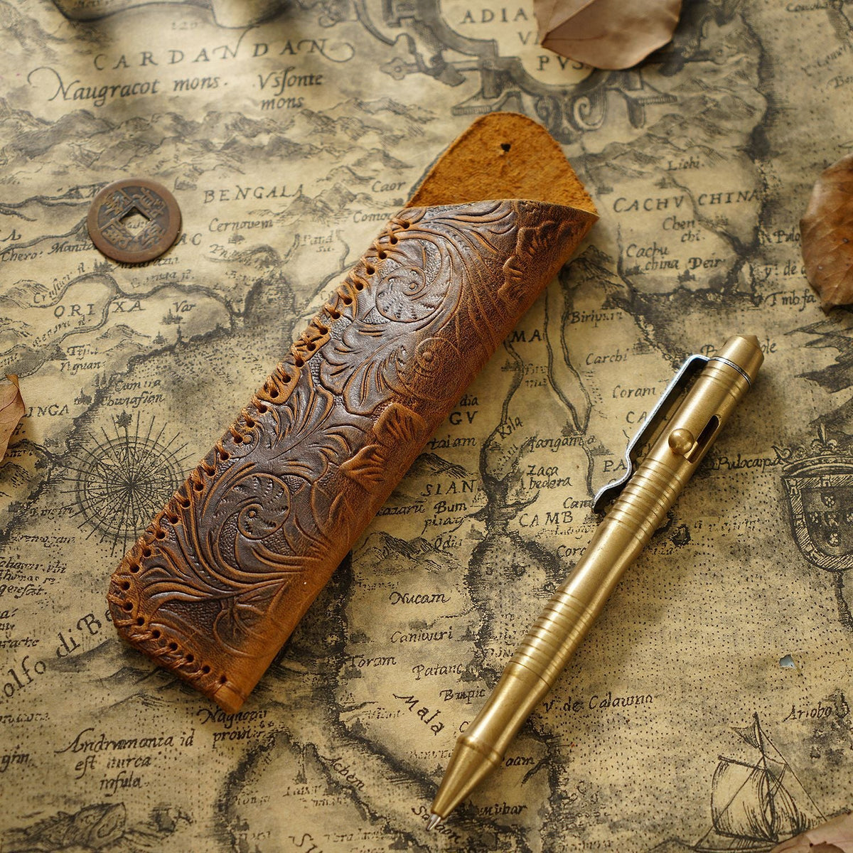 Pen Case Leather Floral Embossed Handmade Spacious Storage