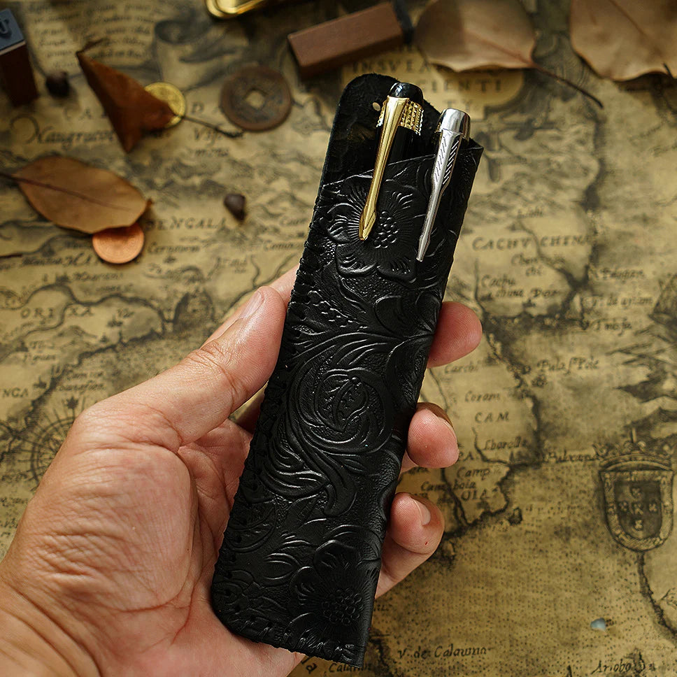 Pen Case Leather Floral Embossed Handmade Spacious Storage