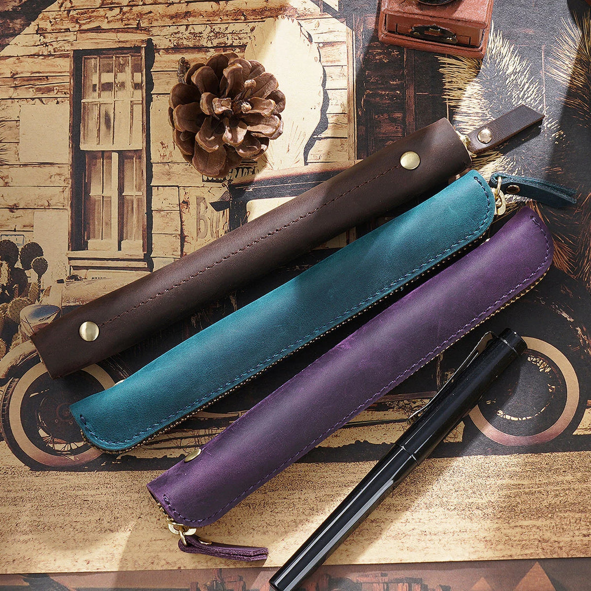 Pencil Case Genuine Leather Zipper Closure Compact Design
