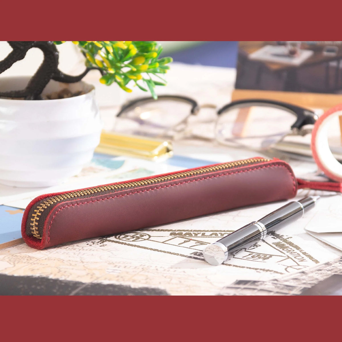 Pencil Case Genuine Leather Zipper Closure Compact Design