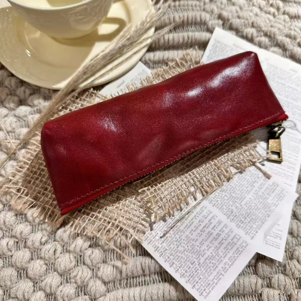 Pencil Case Genuine Leather Zipper Closure Compact Design