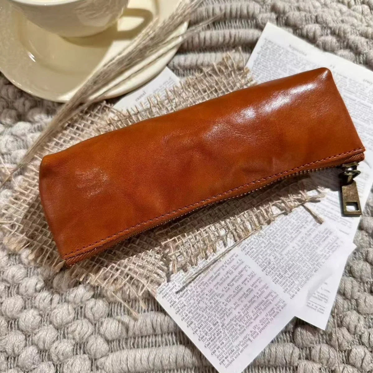 Pencil Case Genuine Leather Zipper Closure Compact Design