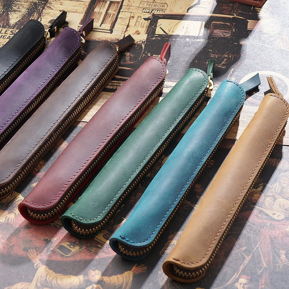 Pencil Case Genuine Leather Zipper Closure Compact Design