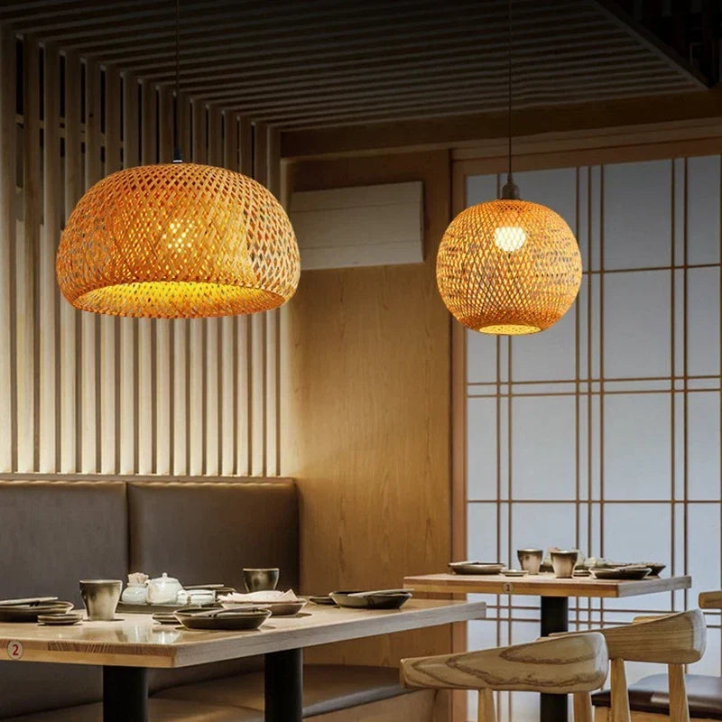 Pendant Lamp Handwoven Bamboo Adjustable Drop Ceiling Rose Compatible