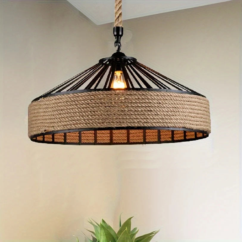 Pendant Light Hemp Rope Shade Metal Frame Adjustable Drop