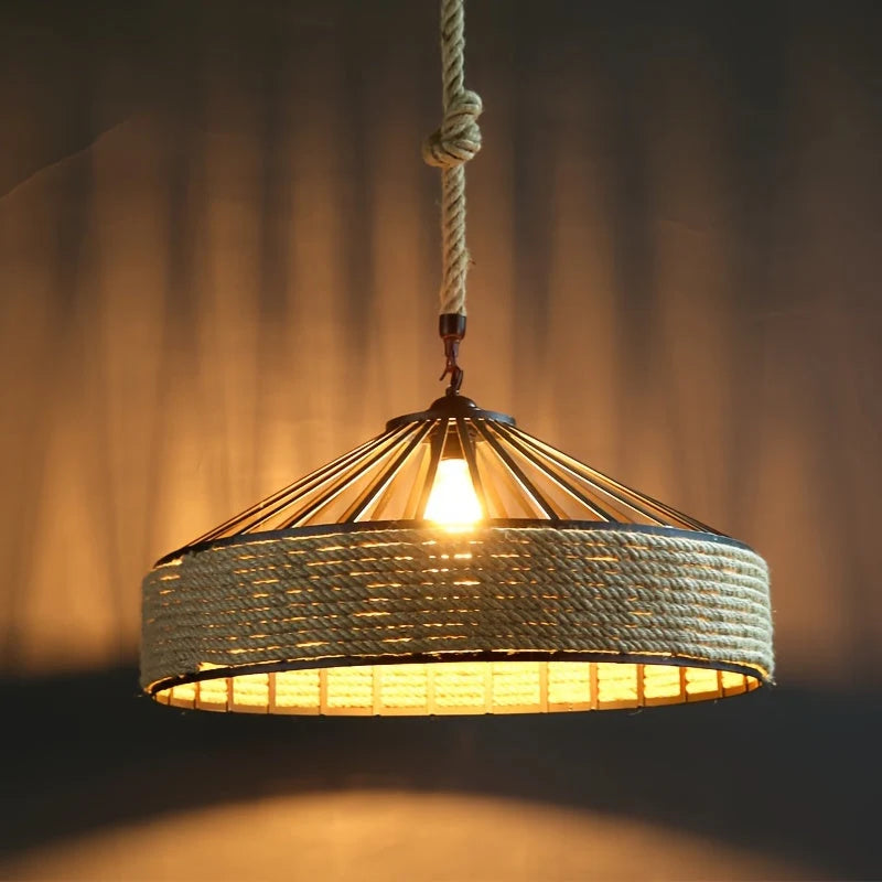 Pendant Light Hemp Rope Shade Metal Frame Adjustable Drop