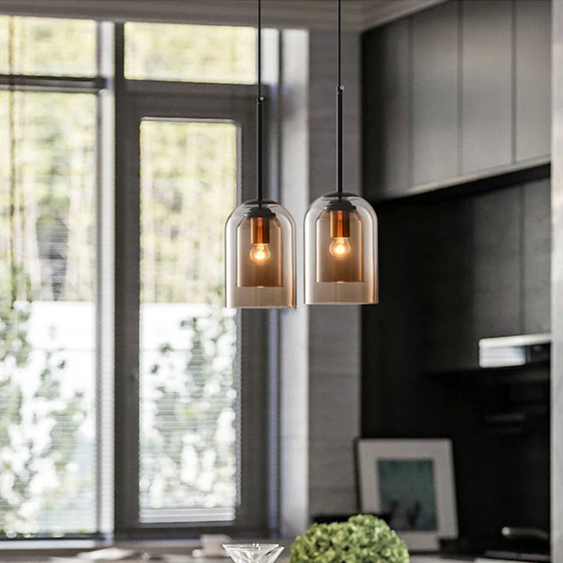 Pendant Light Nested Double Glass Shades Adjustable Drop