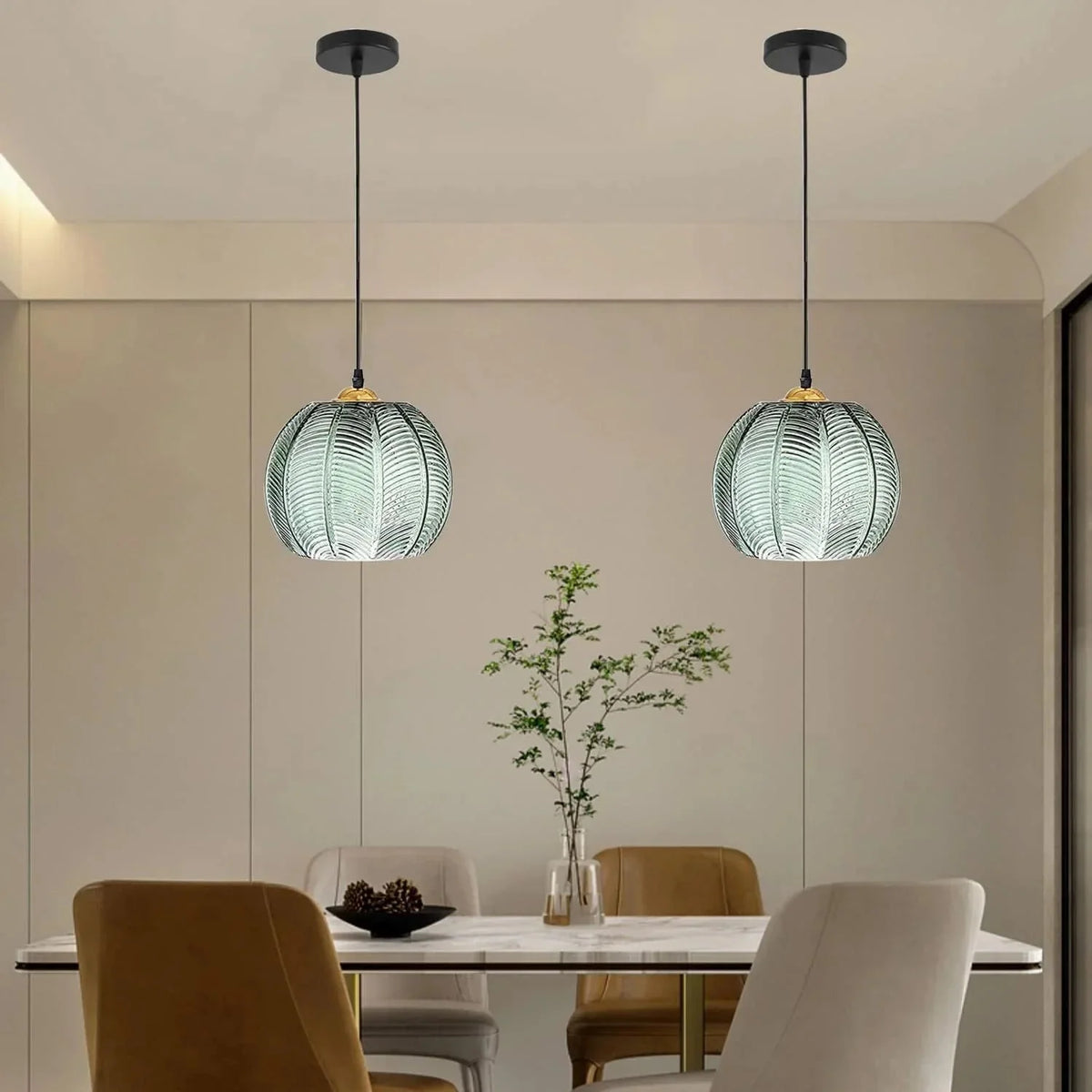 Pendant Light Ribbed Green Glass Adjustable Drop