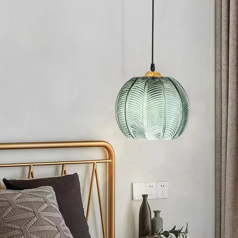 Pendant Light Ribbed Green Glass Adjustable Drop