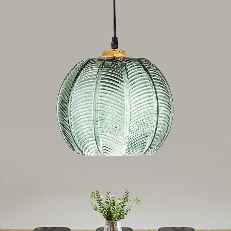 Pendant Light Ribbed Green Glass Adjustable Drop