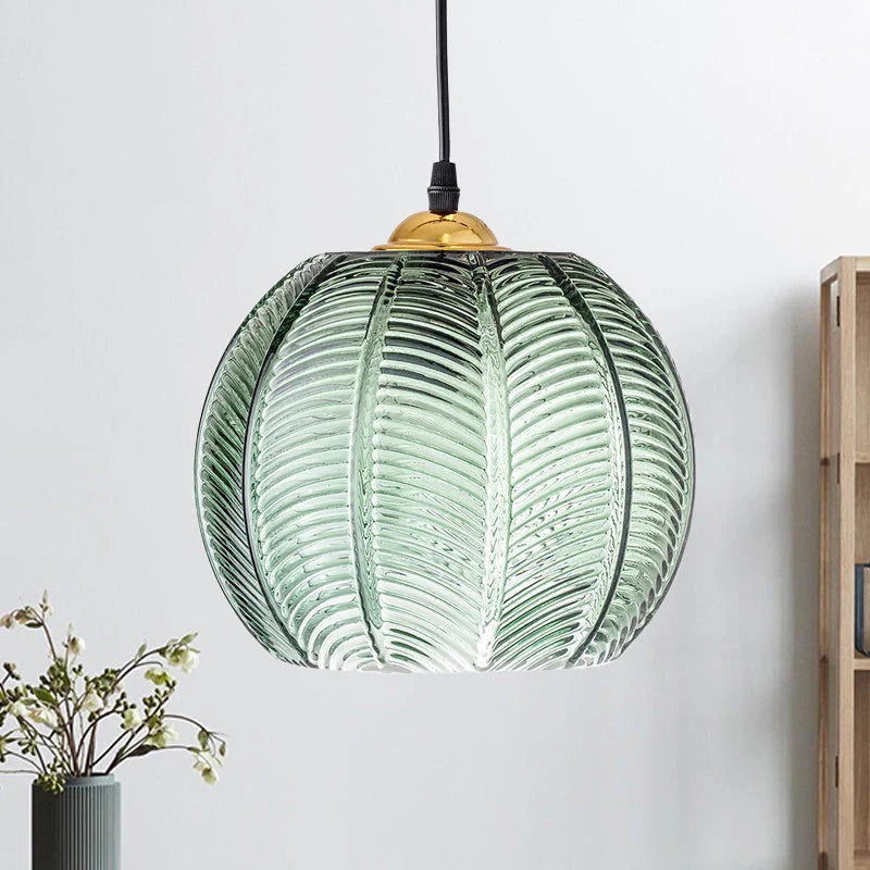 Pendant Light Ribbed Green Glass Adjustable Drop