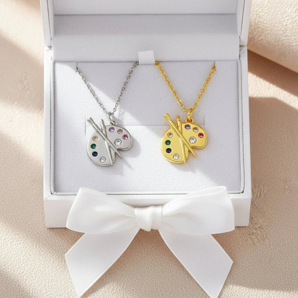 Pendant Necklace Palette-Shaped Colorful Zircon Accents