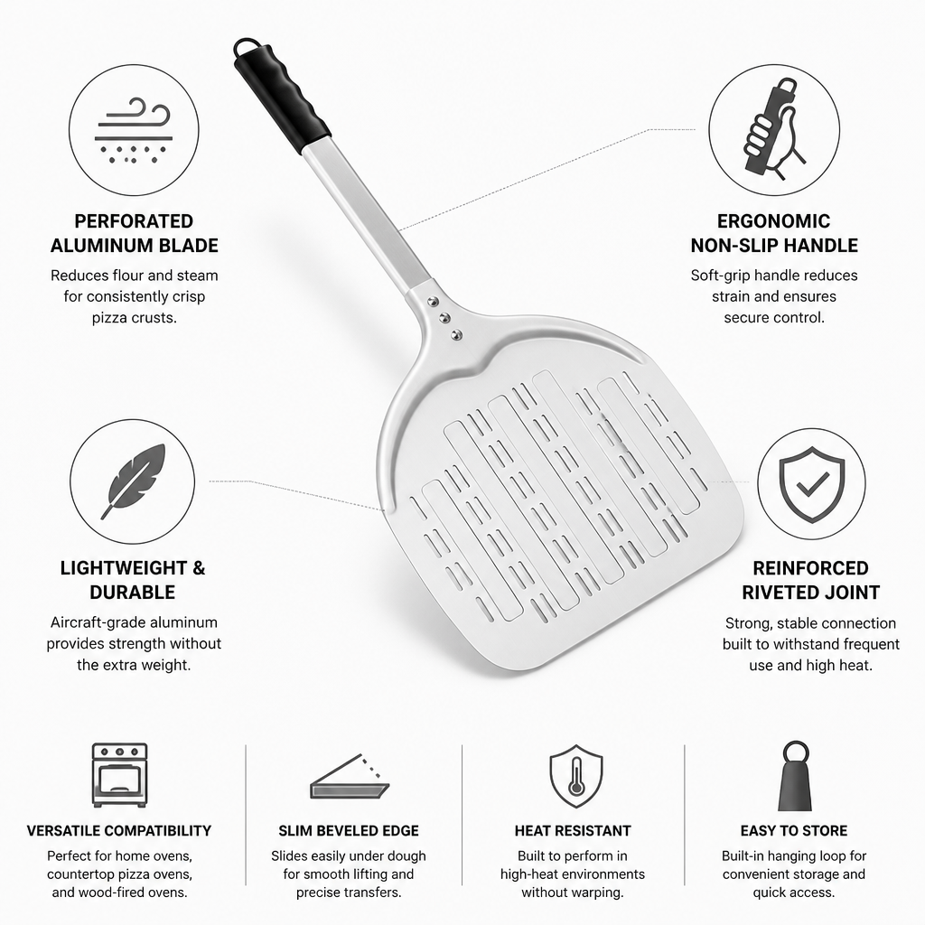 Perforated Aircraft-Grade Aluminum & Ergonomic Non-Slip Handle Pizza Peel