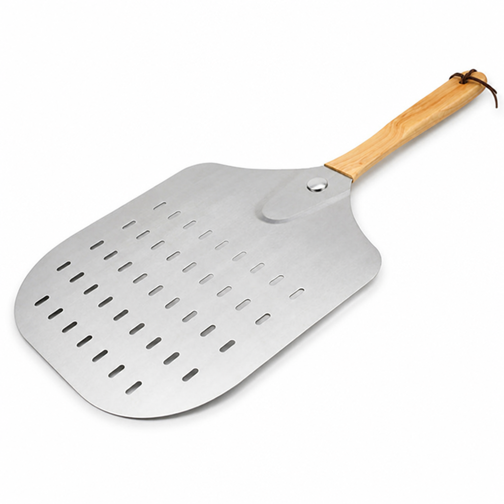 Perforated Stainless Steel & Ergonomic Wooden Handle Pizza Peel (12-Inch)