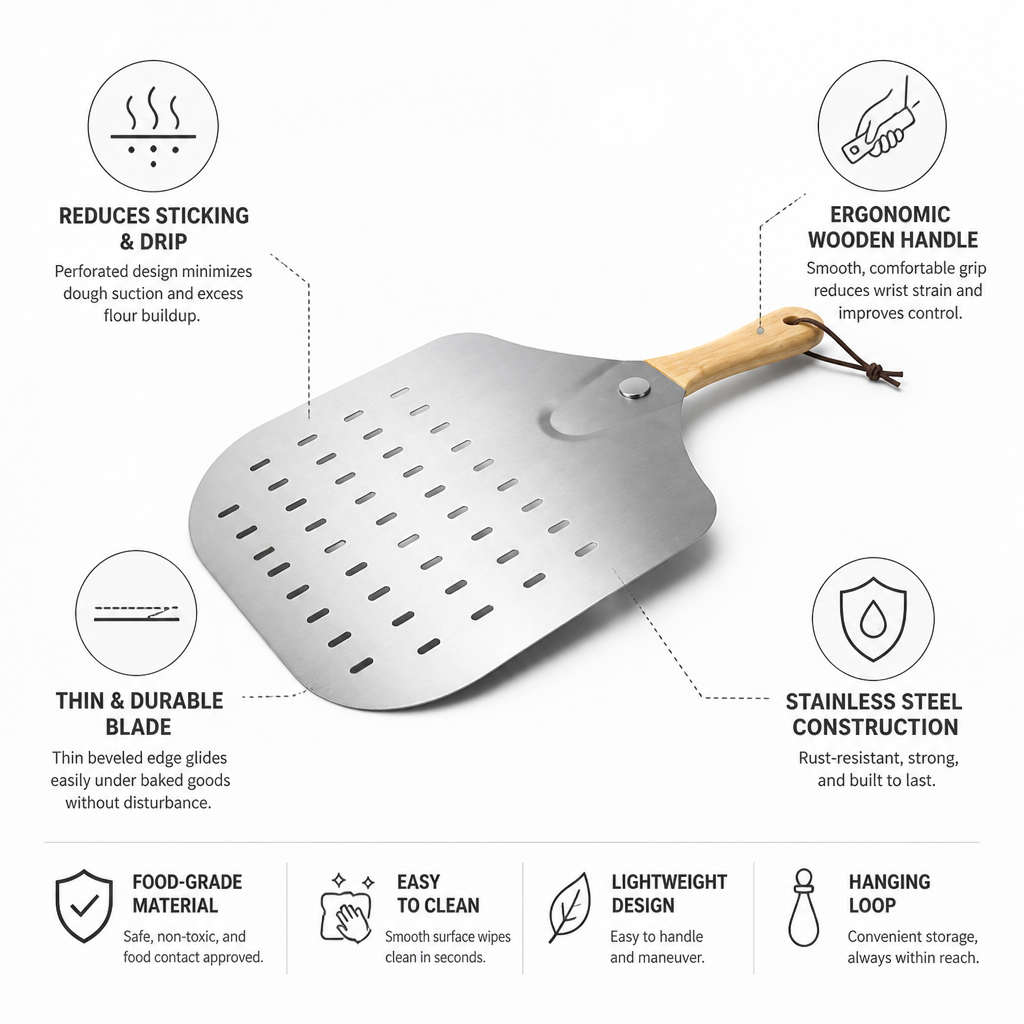 Perforated Stainless Steel & Ergonomic Wooden Handle Pizza Peel (12-Inch)