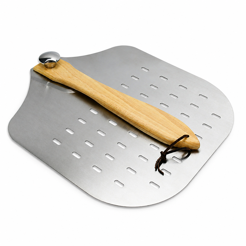 Perforated Stainless Steel & Ergonomic Wooden Handle Pizza Peel (12-Inch)