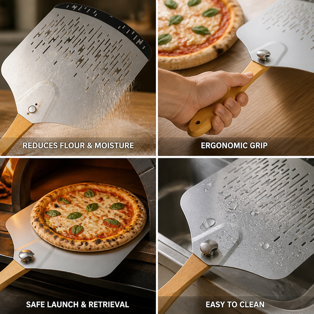 Perforated Stainless Steel & Ergonomic Wooden-Handled Pizza Peel