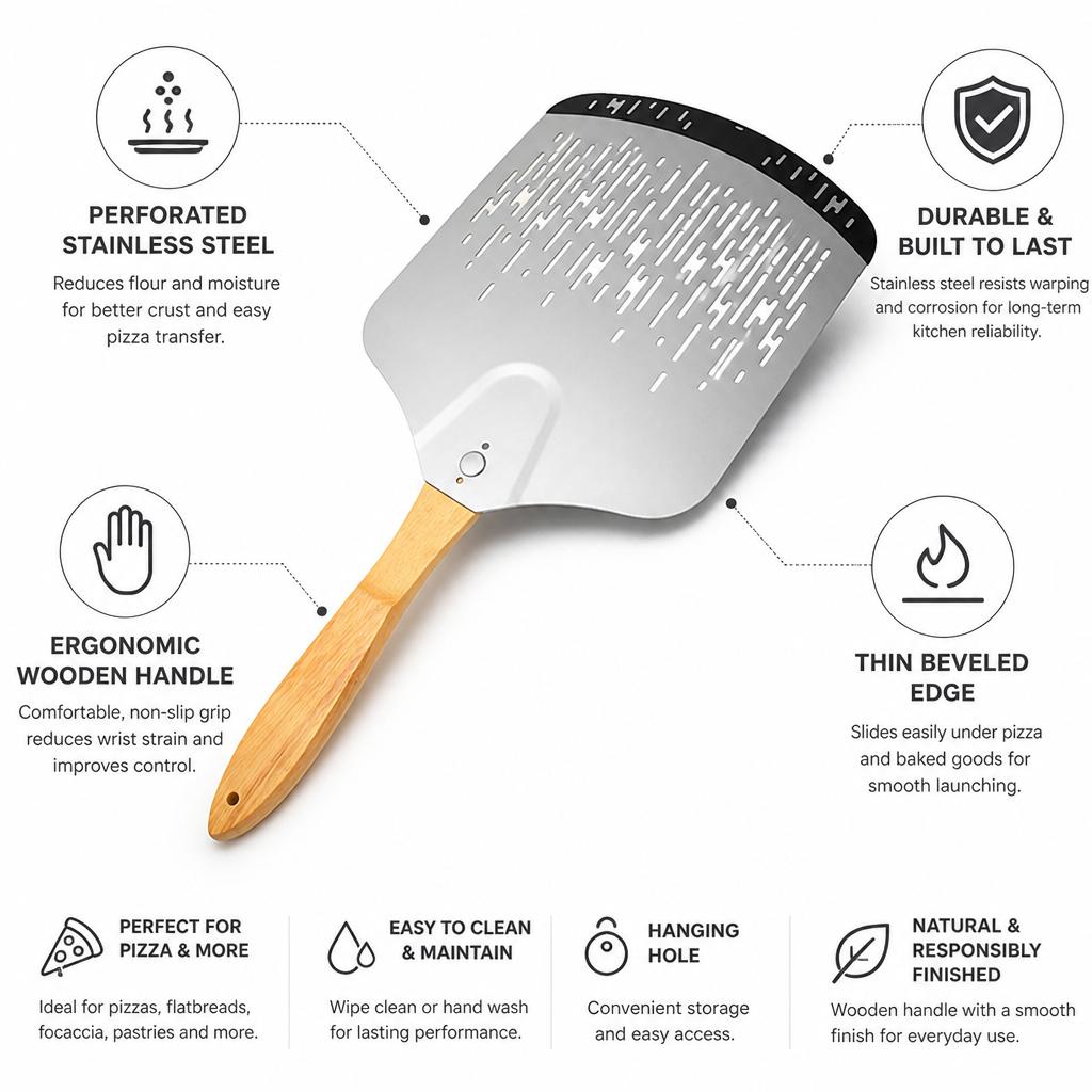 Perforated Stainless Steel & Ergonomic Wooden-Handled Pizza Peel