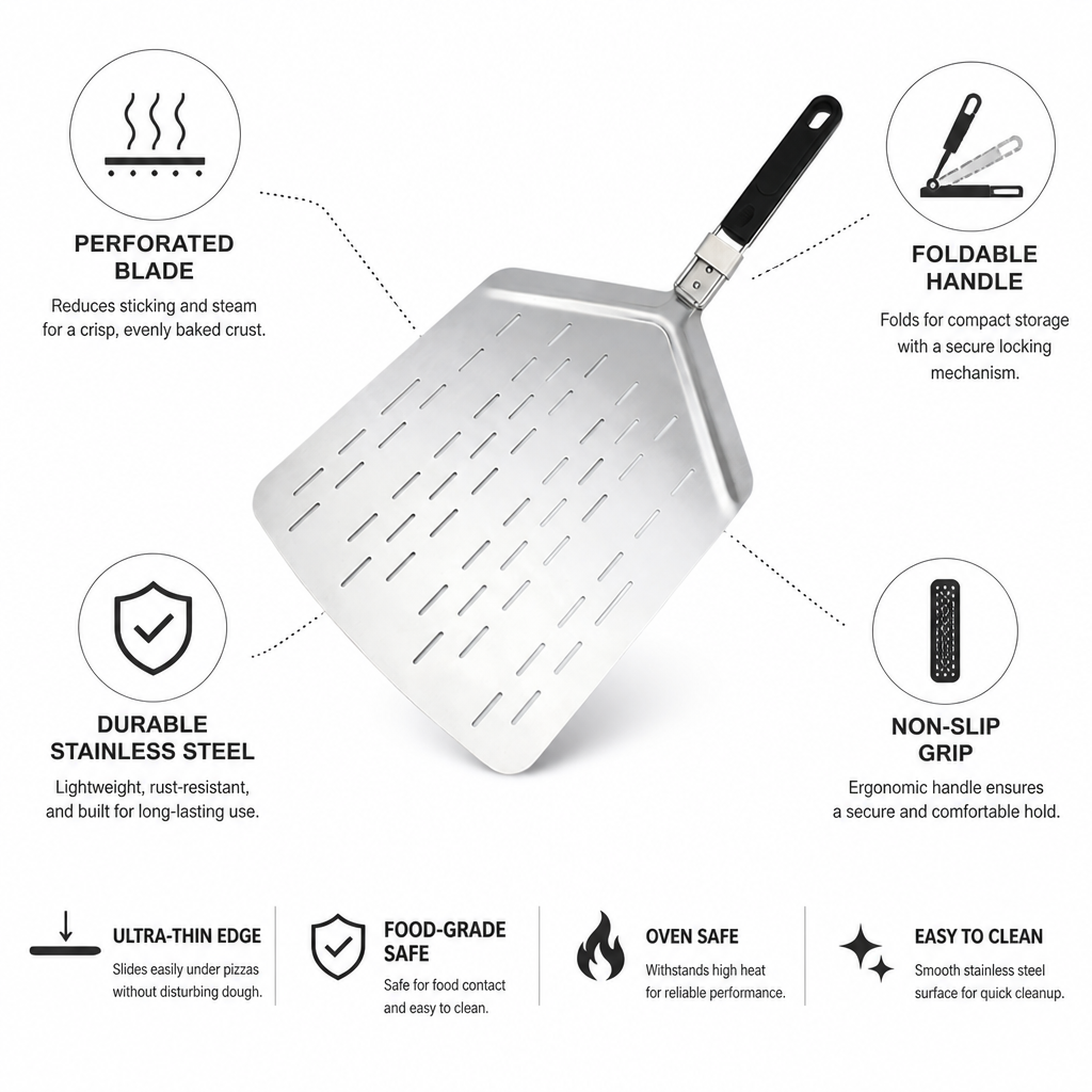 Perforated Stainless Steel Foldable Pizza Peel (Non-Slip Handle)