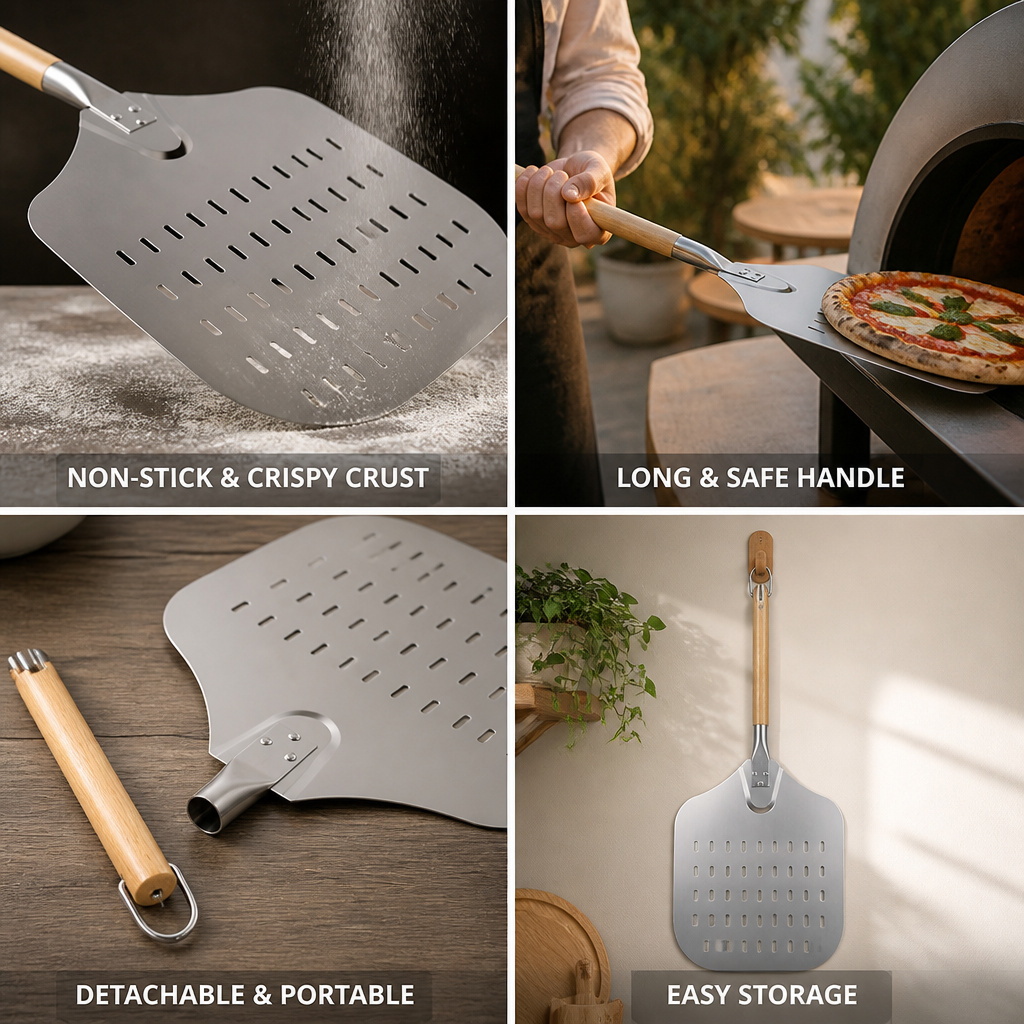 Perforated Stainless Steel Pizza Peel (Detachable Wooden Handle)